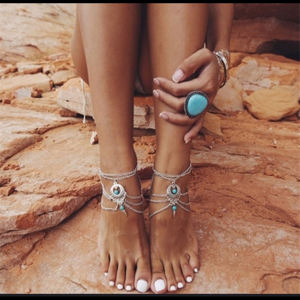 SOLD Pair Bohemian Turquoise barefoot sandals